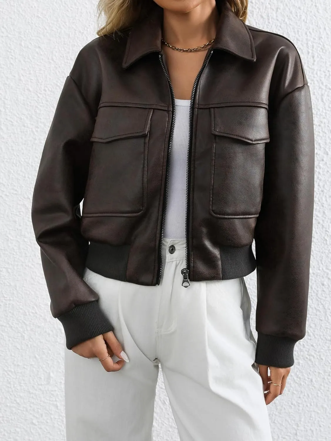 LY VAREY LIN Women Faux Leather Bomber Jacket Distressed Button Front Aviator Biker Coat