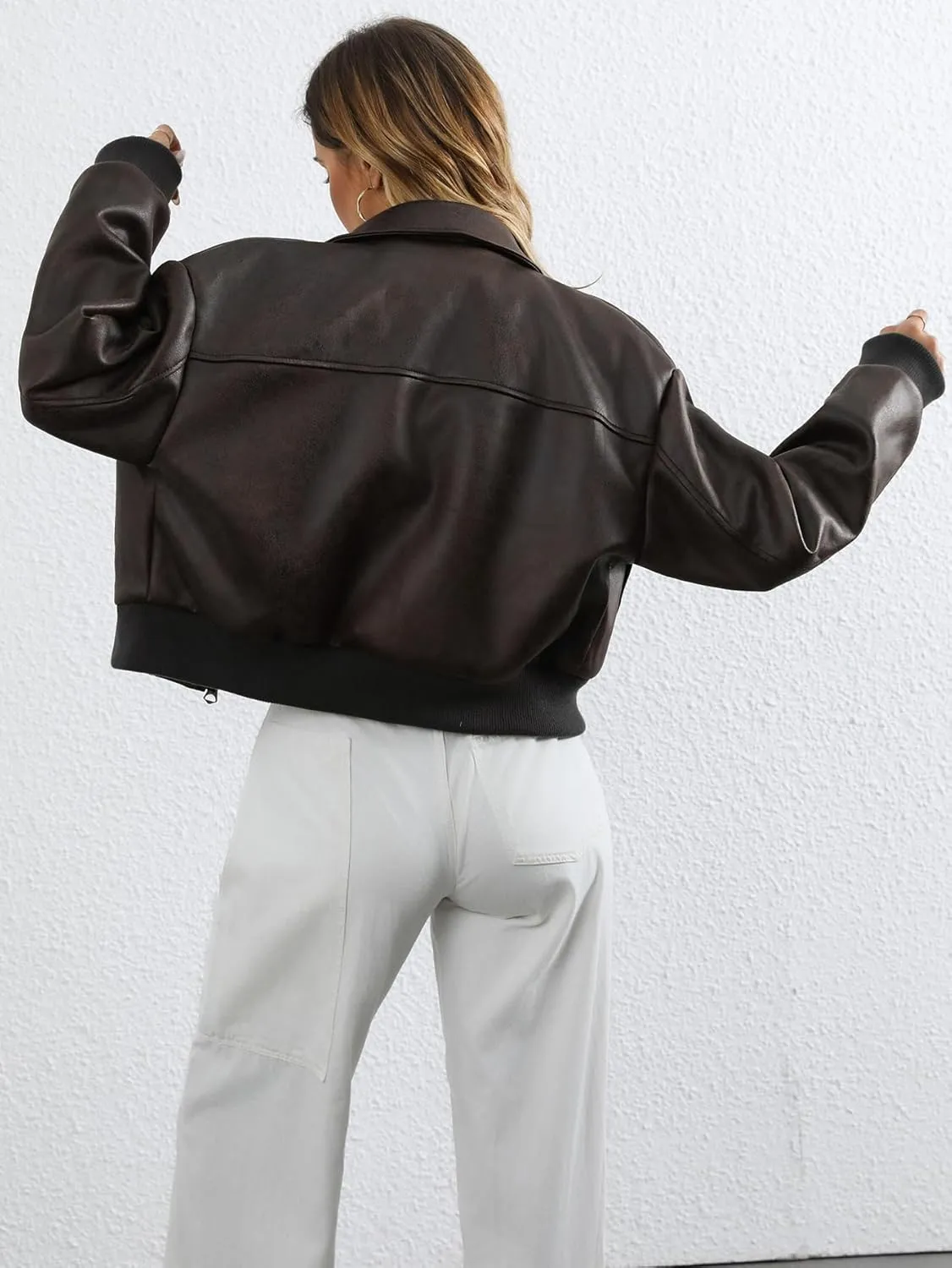 LY VAREY LIN Women Faux Leather Bomber Jacket Distressed Button Front Aviator Biker Coat