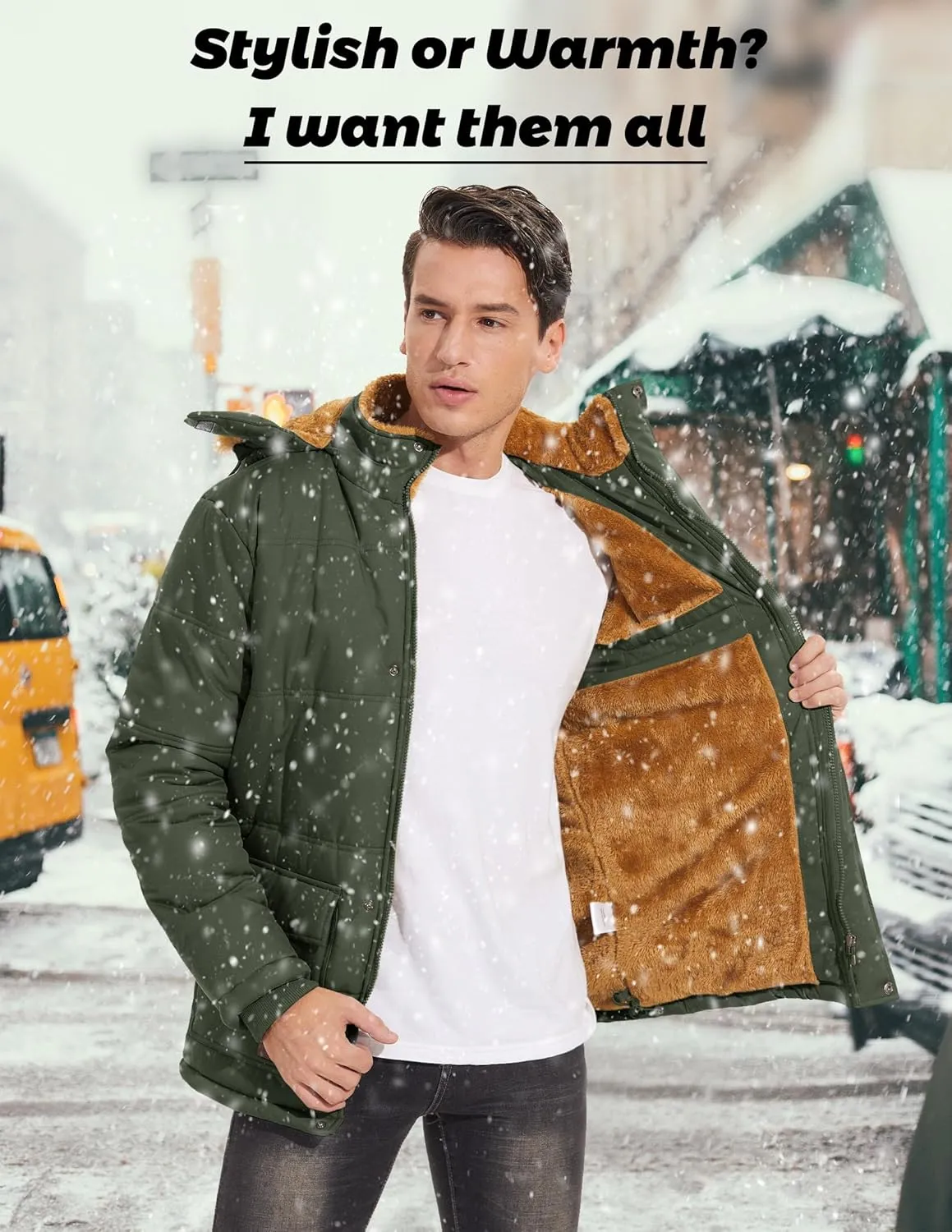 MAGCOMSEN Men's Fleece Lined Parka Jacket Hooded Puffer Jacket Warm Winter Coat Thicken Fur Jackets Windproof Coats
