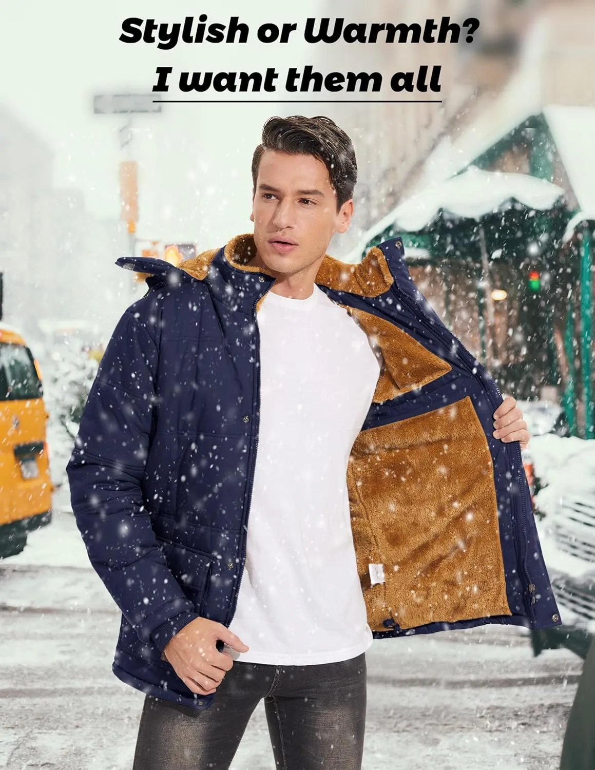 MAGCOMSEN Men's Fleece Lined Parka Jacket Hooded Puffer Jacket Warm Winter Coat Thicken Fur Jackets Windproof Coats