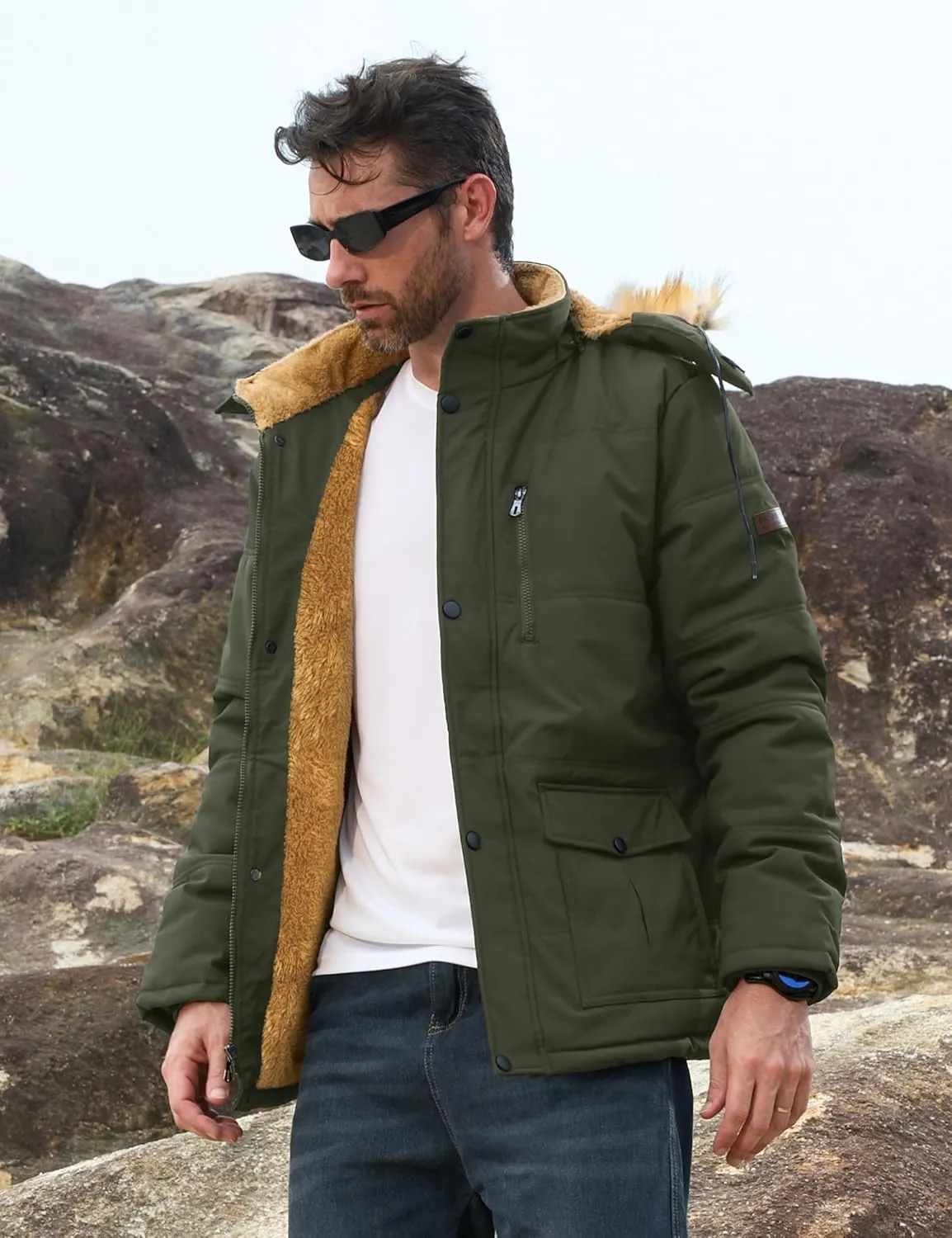 MAGCOMSEN Men's Fleece Lined Parka Jacket Hooded Puffer Jacket Warm Winter Coat Thicken Fur Jackets Windproof Coats