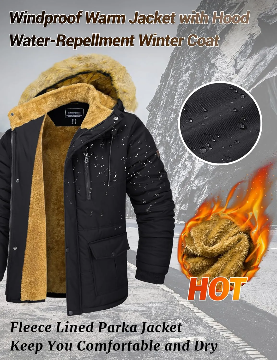 MAGCOMSEN Men's Fleece Lined Parka Jacket Hooded Puffer Jacket Warm Winter Coat Thicken Fur Jackets Windproof Coats