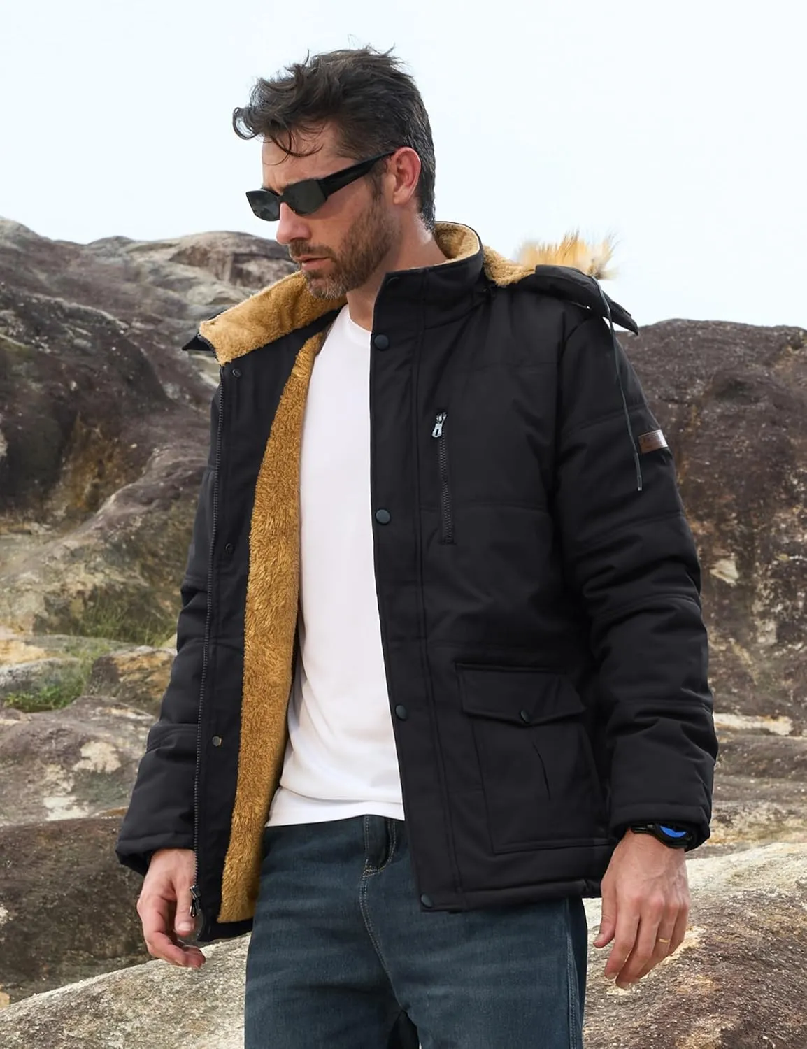 MAGCOMSEN Men's Fleece Lined Parka Jacket Hooded Puffer Jacket Warm Winter Coat Thicken Fur Jackets Windproof Coats