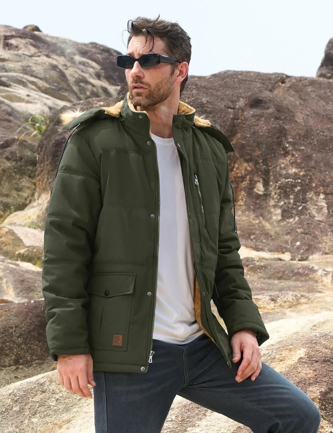 MAGCOMSEN Men's Fleece Lined Parka Jacket Hooded Puffer Jacket Warm Winter Coat Thicken Fur Jackets Windproof Coats