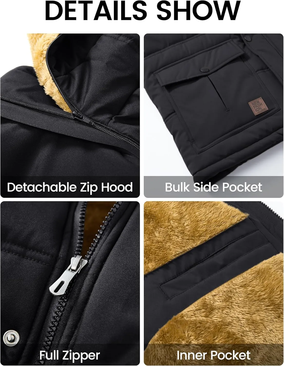 MAGCOMSEN Men's Fleece Lined Parka Jacket Hooded Puffer Jacket Warm Winter Coat Thicken Fur Jackets Windproof Coats