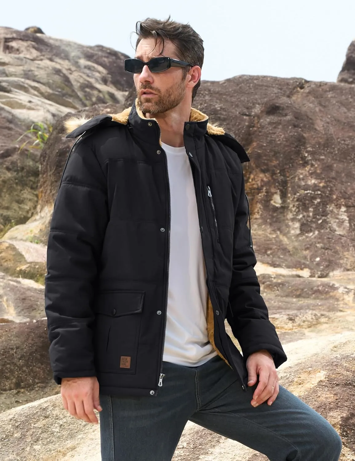 MAGCOMSEN Men's Fleece Lined Parka Jacket Hooded Puffer Jacket Warm Winter Coat Thicken Fur Jackets Windproof Coats