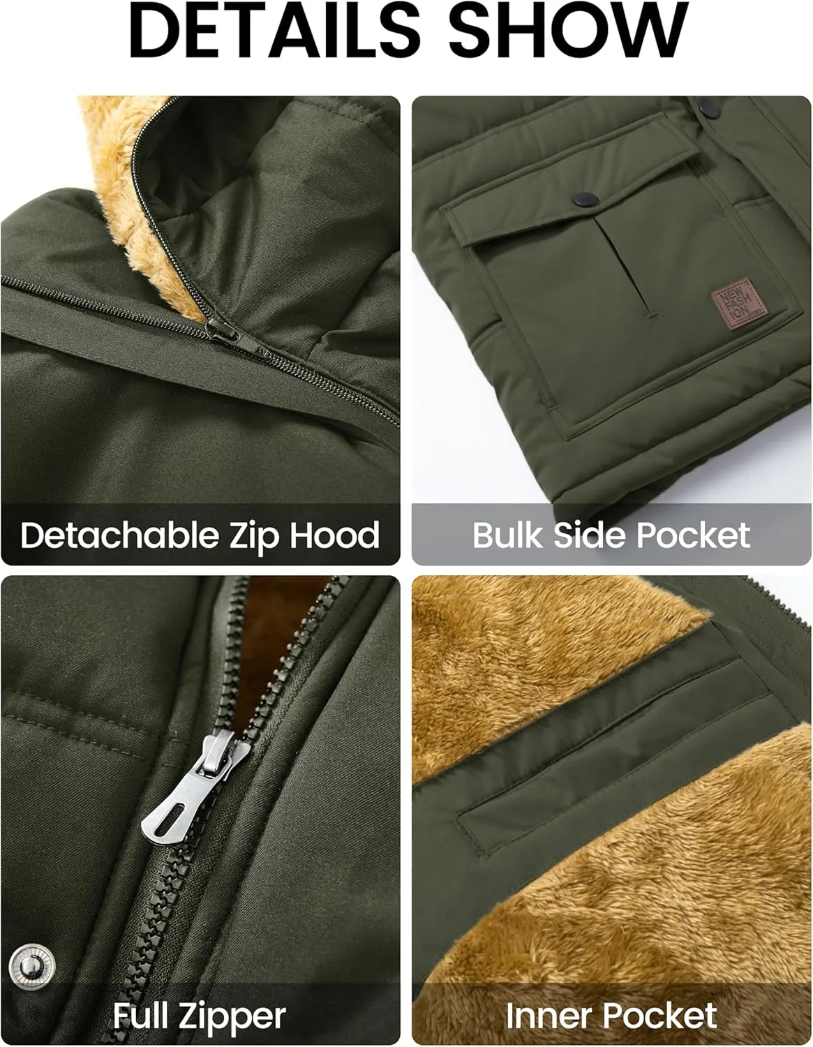 MAGCOMSEN Men's Fleece Lined Parka Jacket Hooded Puffer Jacket Warm Winter Coat Thicken Fur Jackets Windproof Coats