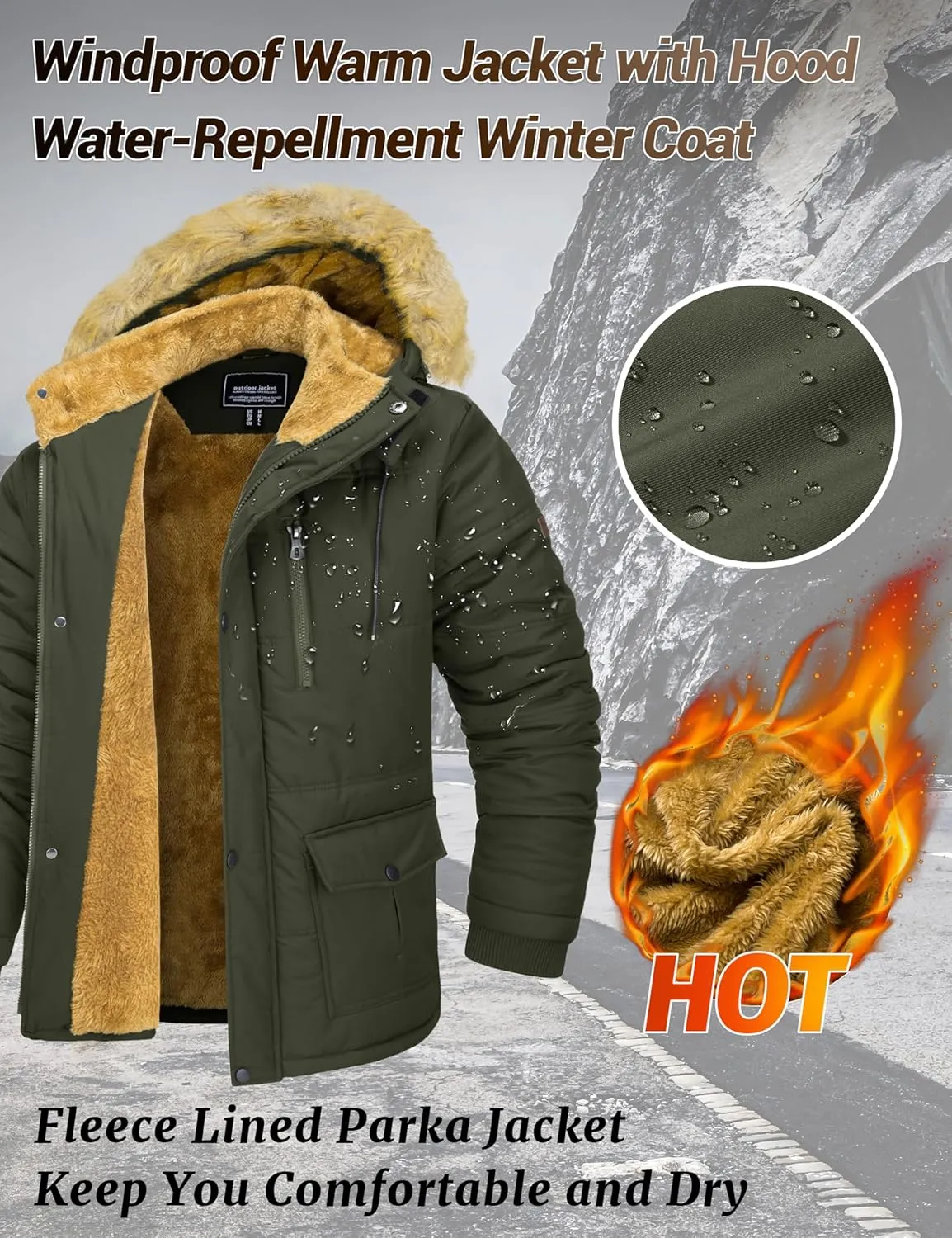 MAGCOMSEN Men's Fleece Lined Parka Jacket Hooded Puffer Jacket Warm Winter Coat Thicken Fur Jackets Windproof Coats
