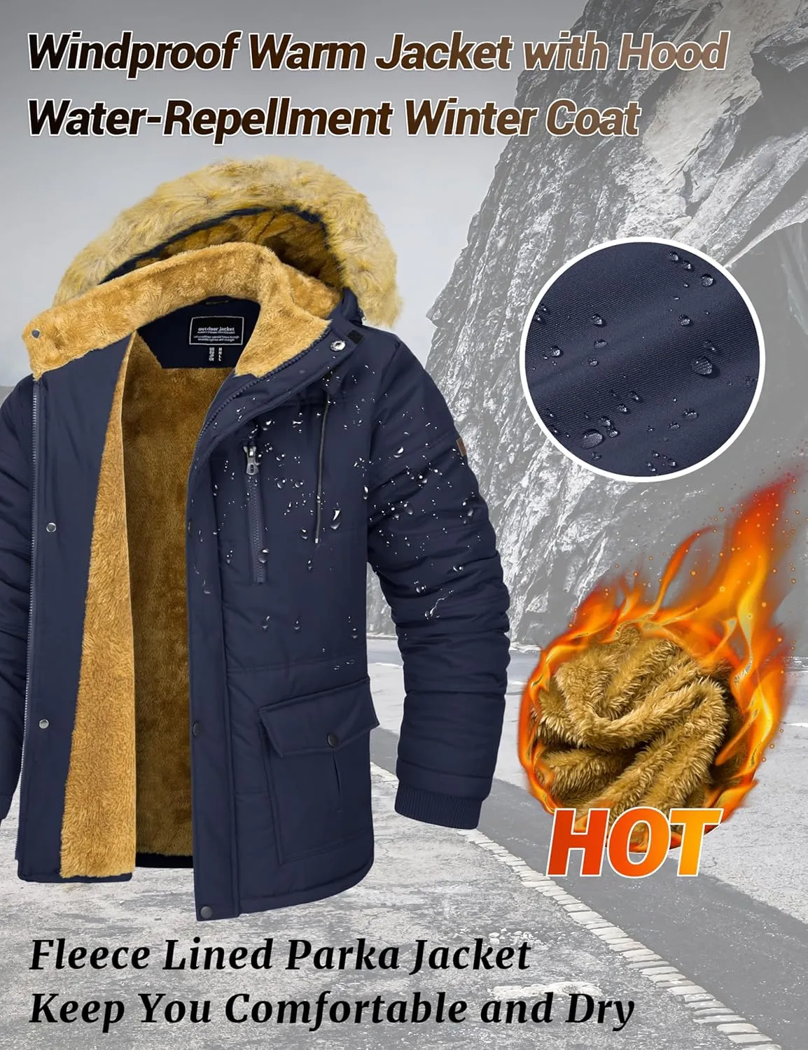 MAGCOMSEN Men's Fleece Lined Parka Jacket Hooded Puffer Jacket Warm Winter Coat Thicken Fur Jackets Windproof Coats