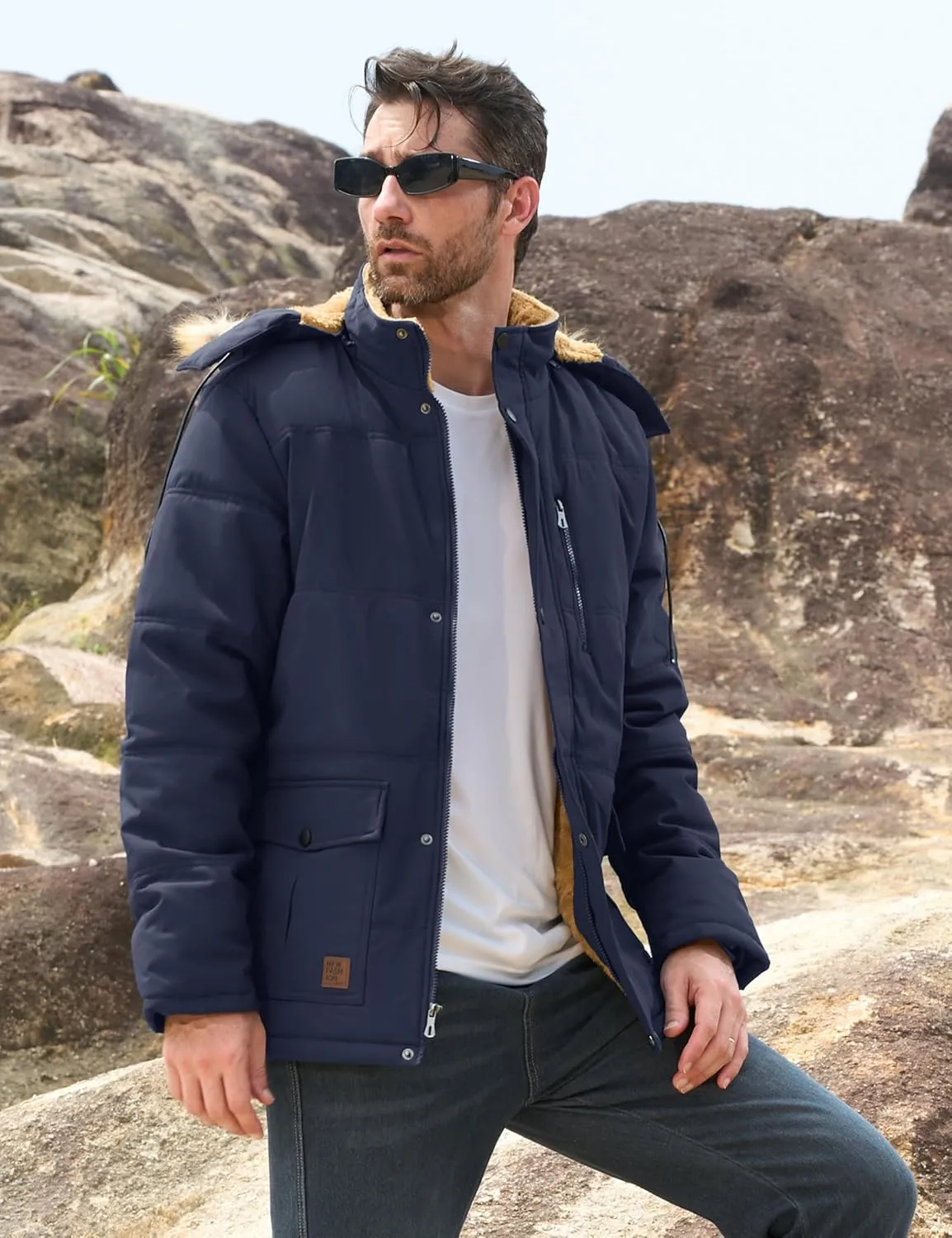 MAGCOMSEN Men's Fleece Lined Parka Jacket Hooded Puffer Jacket Warm Winter Coat Thicken Fur Jackets Windproof Coats