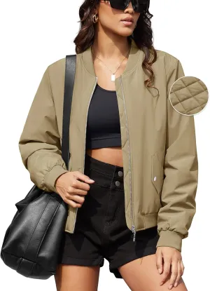MAGCOMSEN Women's Bomber Jacket Casual Quilted Lined Coat Zip Up Winter Fall Windbreaker Fashion Outerwear with Pockets