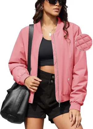MAGCOMSEN Women's Bomber Jacket Casual Quilted Lined Coat Zip Up Winter Fall Windbreaker Fashion Outerwear with Pockets