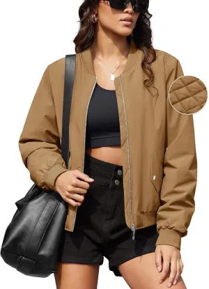 MAGCOMSEN Women's Bomber Jacket Casual Quilted Lined Coat Zip Up Winter Fall Windbreaker Fashion Outerwear with Pockets