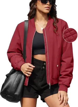 MAGCOMSEN Women's Bomber Jacket Casual Quilted Lined Coat Zip Up Winter Fall Windbreaker Fashion Outerwear with Pockets