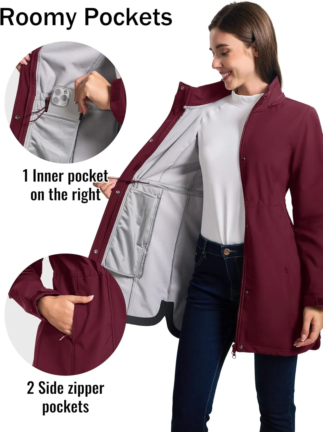 MAGCOMSEN Women's Long Fleece Lined Jackets Warm Winter Windbreaker Rain Coat Hooded Softshell Windproof Insulated