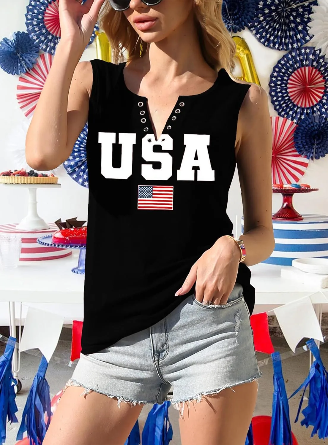 MAIHUN American Flag Tank Tops for Women 4th of July Shirts Ring Hole Sleeveless V-Neck T-Shirt Patriotic Tees