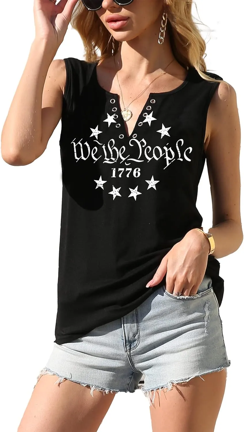 MAIHUN American Flag Tank Tops for Women 4th of July Shirts Ring Hole Sleeveless V-Neck T-Shirt Patriotic Tees