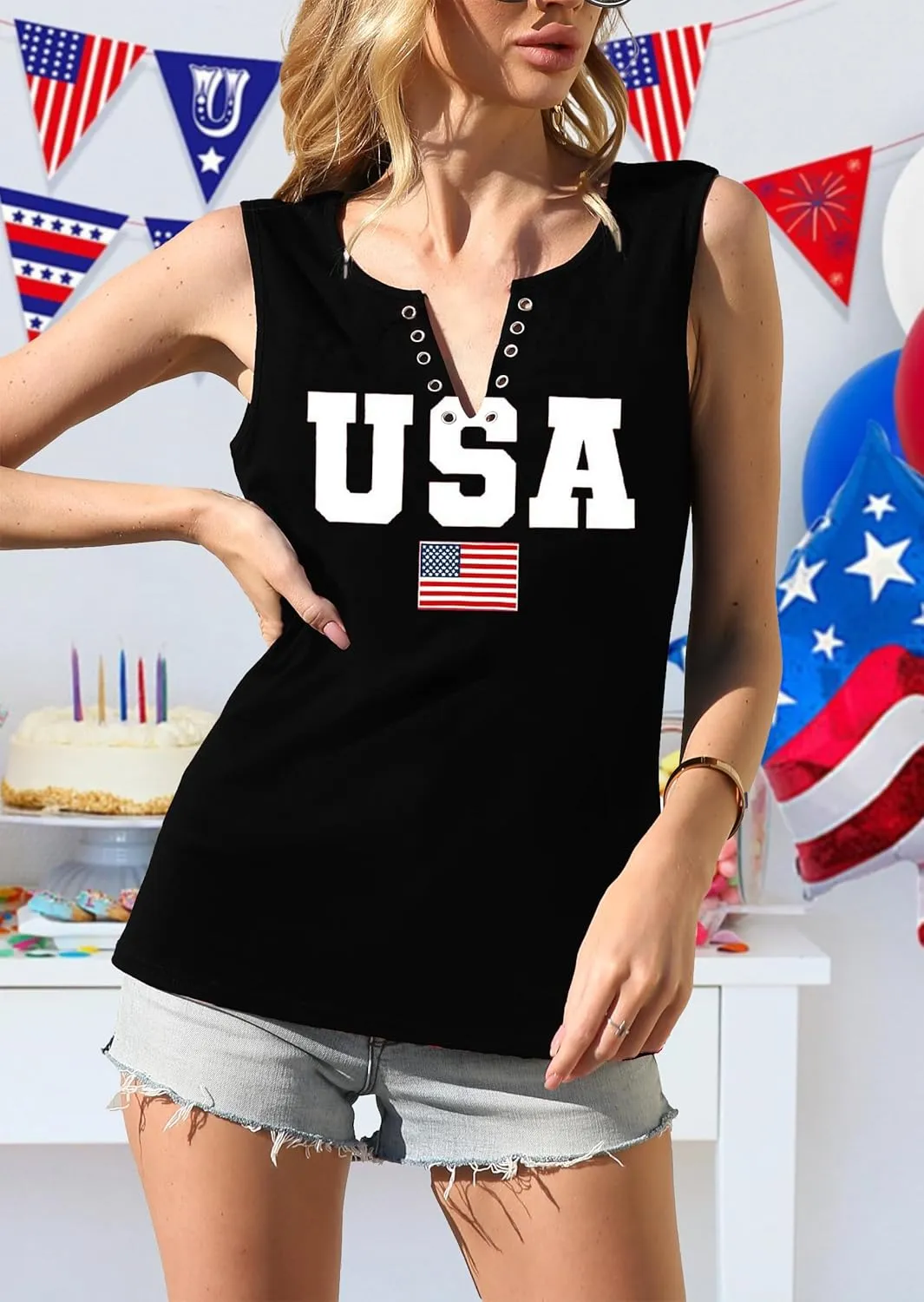 MAIHUN American Flag Tank Tops for Women 4th of July Shirts Ring Hole Sleeveless V-Neck T-Shirt Patriotic Tees