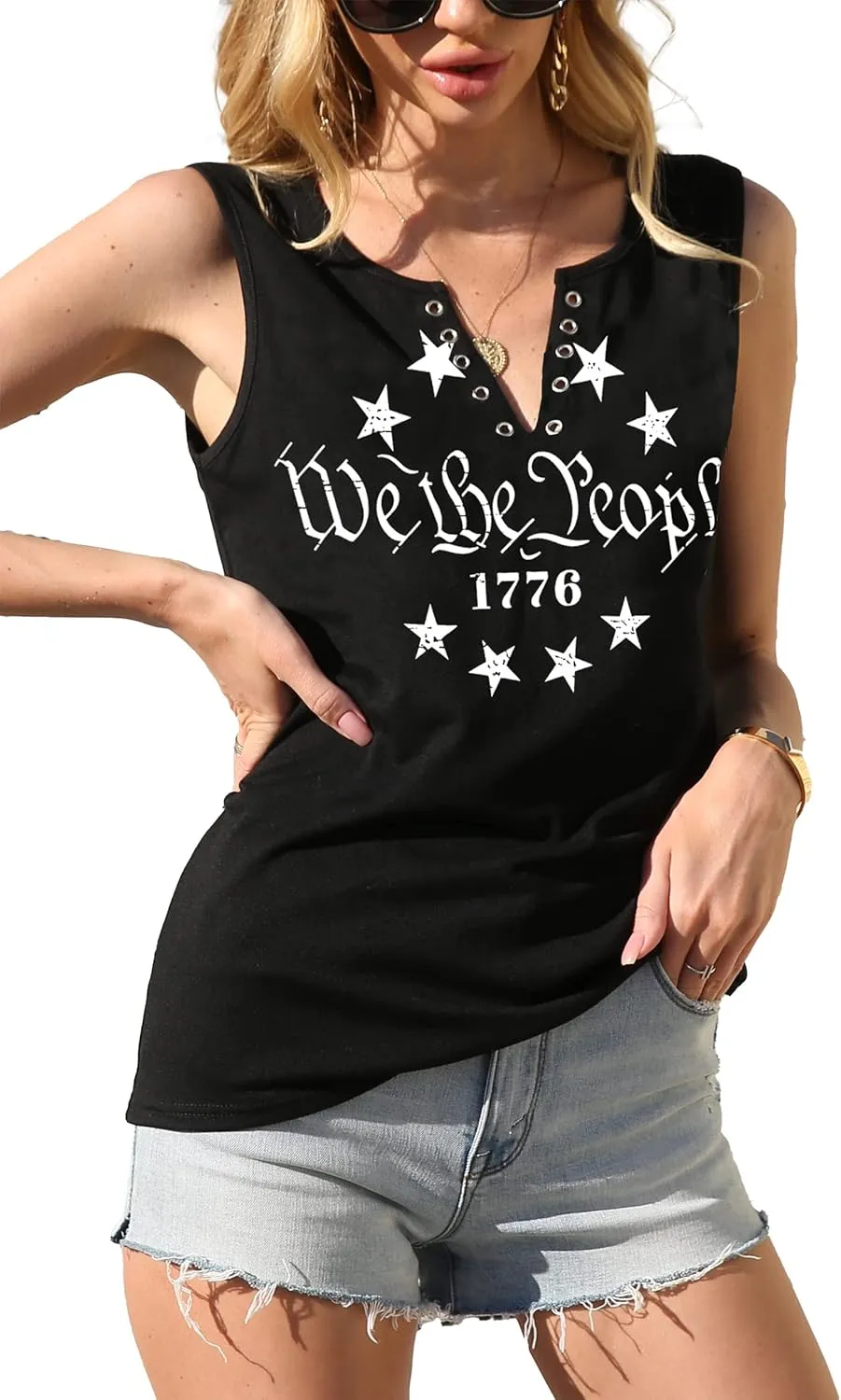 MAIHUN American Flag Tank Tops for Women 4th of July Shirts Ring Hole Sleeveless V-Neck T-Shirt Patriotic Tees