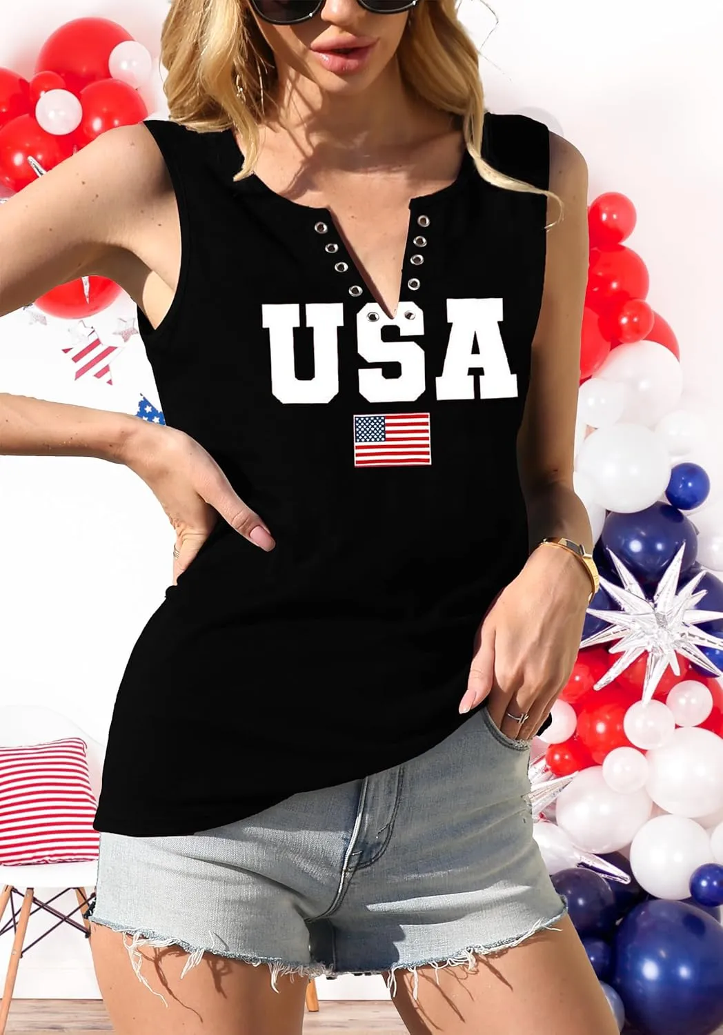 MAIHUN American Flag Tank Tops for Women 4th of July Shirts Ring Hole Sleeveless V-Neck T-Shirt Patriotic Tees