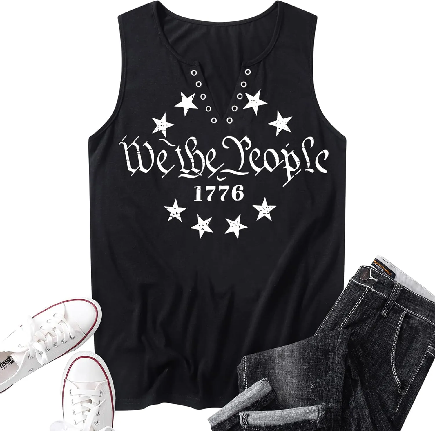 MAIHUN American Flag Tank Tops for Women 4th of July Shirts Ring Hole Sleeveless V-Neck T-Shirt Patriotic Tees