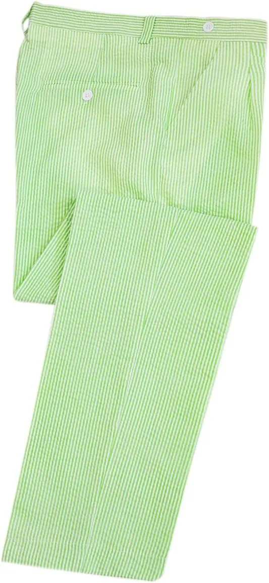 Men Seersucker Pinstripe Pants Mid Waist Ankle Length Pleated Front Lightweight