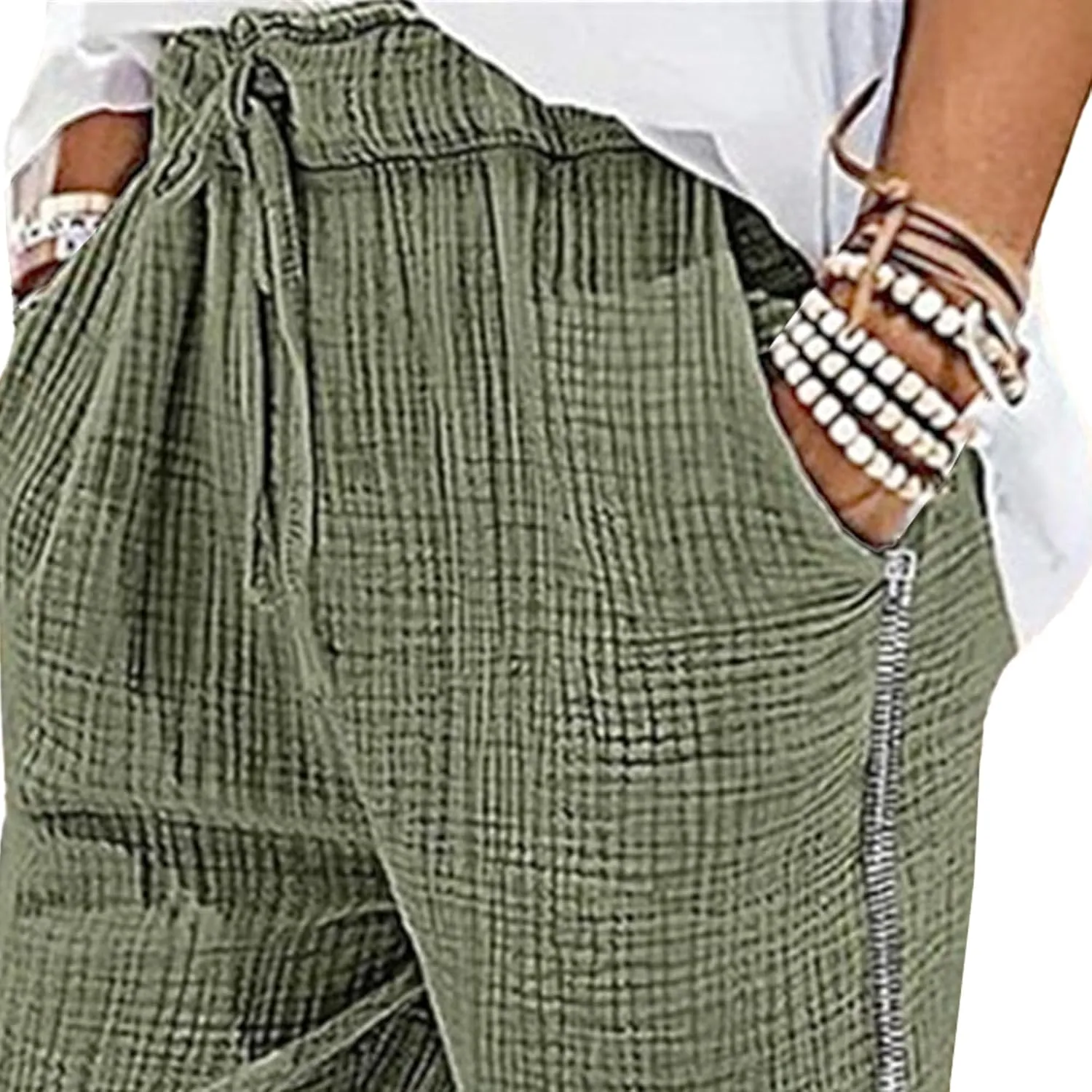 Men's Baggy Casual Elastic Waist Chino Pants Cotton Linen Solid Outdoor Pants Straight Leg Comfort Beach Trousers