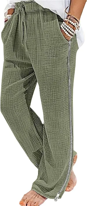 Men's Baggy Casual Elastic Waist Chino Pants Cotton Linen Solid Outdoor Pants Straight Leg Comfort Beach Trousers