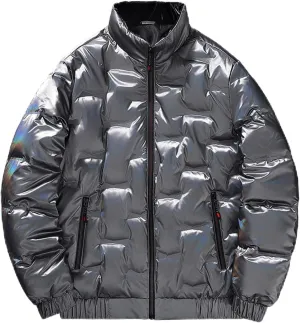 Men's Casual Full Zip Metallic Shiny Short Bomber Parka Down Padded Coat Glossy Cotton Jacket Waterproof Windproof Down