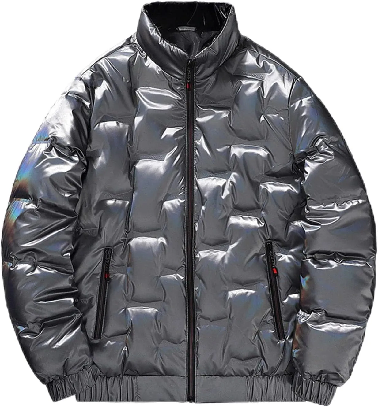 Men's Casual Full Zip Metallic Shiny Short Bomber Parka Down Padded Coat Glossy Cotton Jacket Waterproof Windproof Down