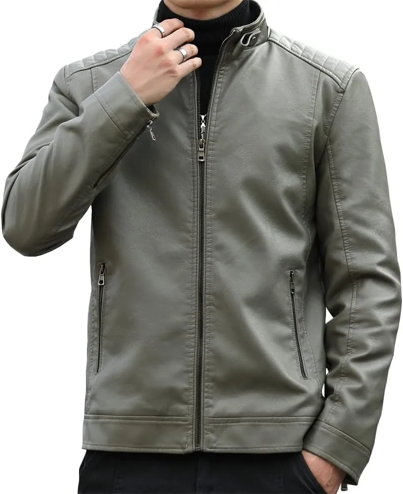 Mens Casual Stand Collar Faux Leather Jacket Biker Motorcycle Jackets