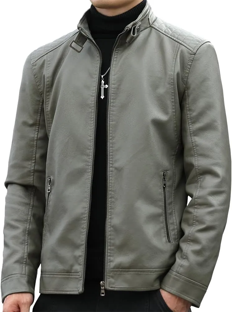 Mens Casual Stand Collar Faux Leather Jacket Biker Motorcycle Jackets