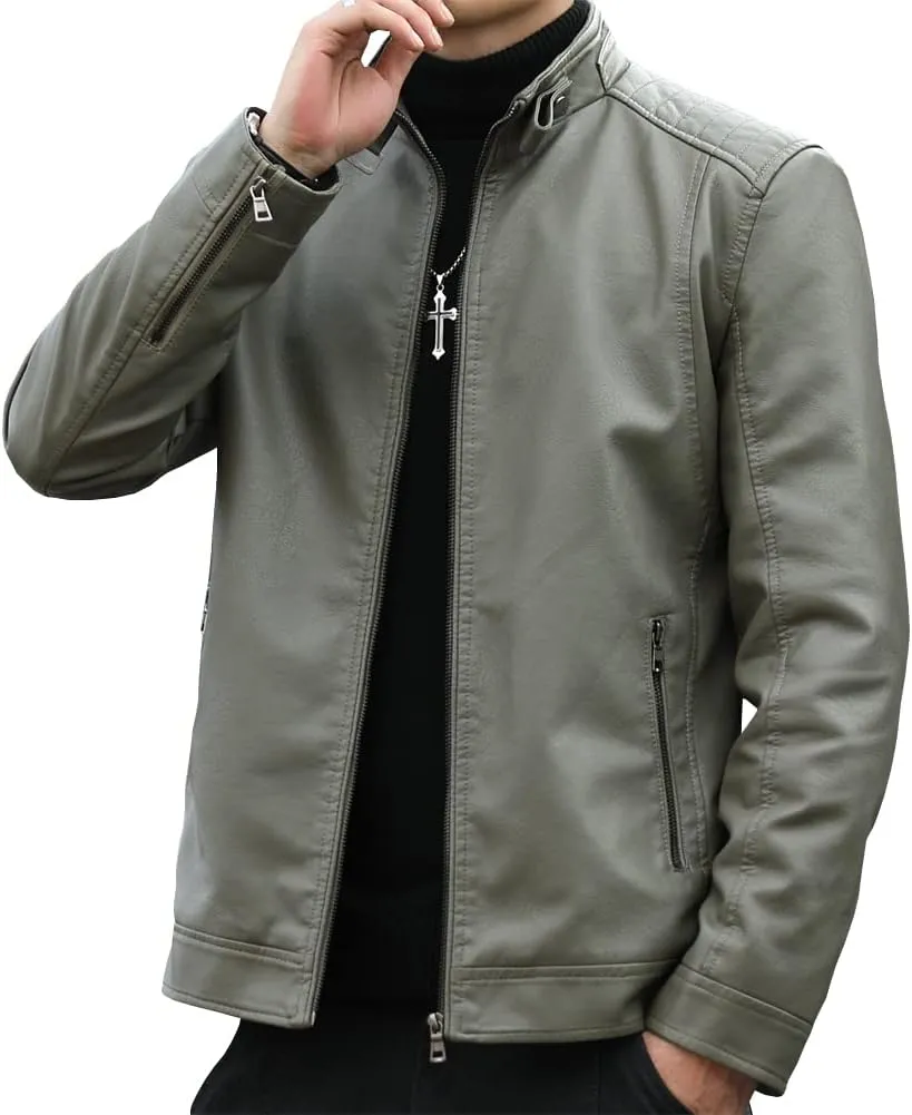 Mens Casual Stand Collar Faux Leather Jacket Biker Motorcycle Jackets