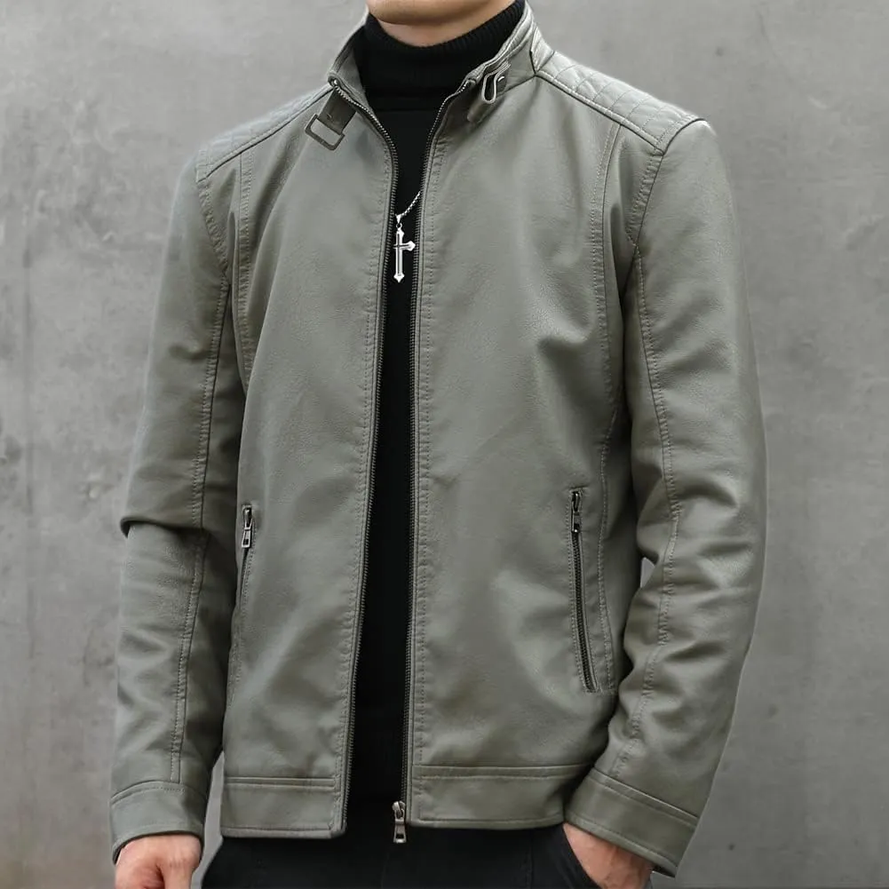 Mens Casual Stand Collar Faux Leather Jacket Biker Motorcycle Jackets