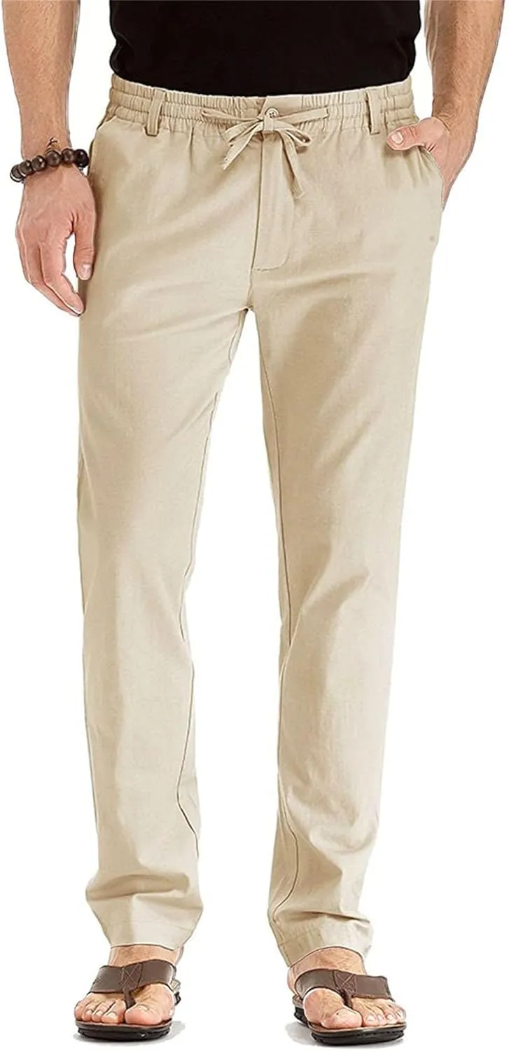 Men's Comfort Baggy Casual Pants Yoga Linen Straight Leg Hiking Pants Basic Solid Joggers Trousers