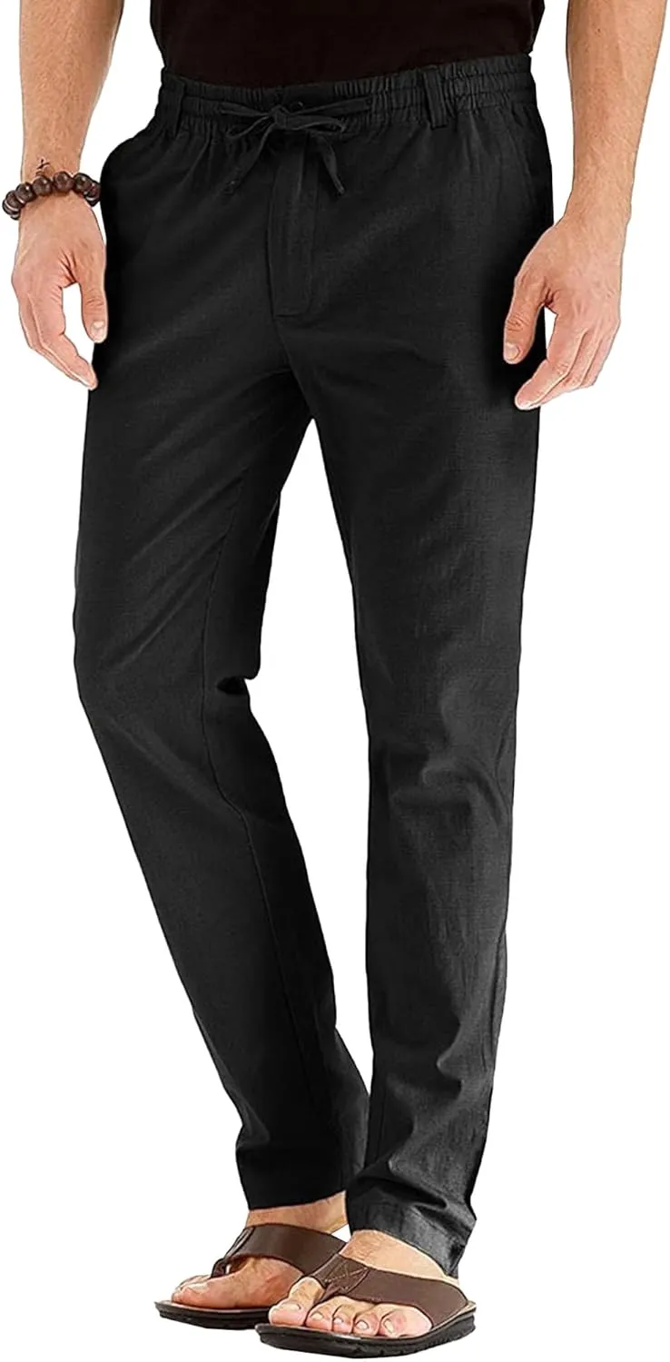 Men's Comfort Baggy Casual Pants Yoga Linen Straight Leg Hiking Pants Basic Solid Joggers Trousers