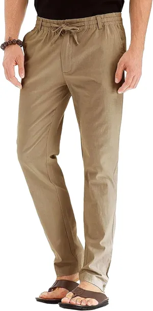 Men's Comfort Baggy Casual Pants Yoga Linen Straight Leg Hiking Pants Basic Solid Joggers Trousers