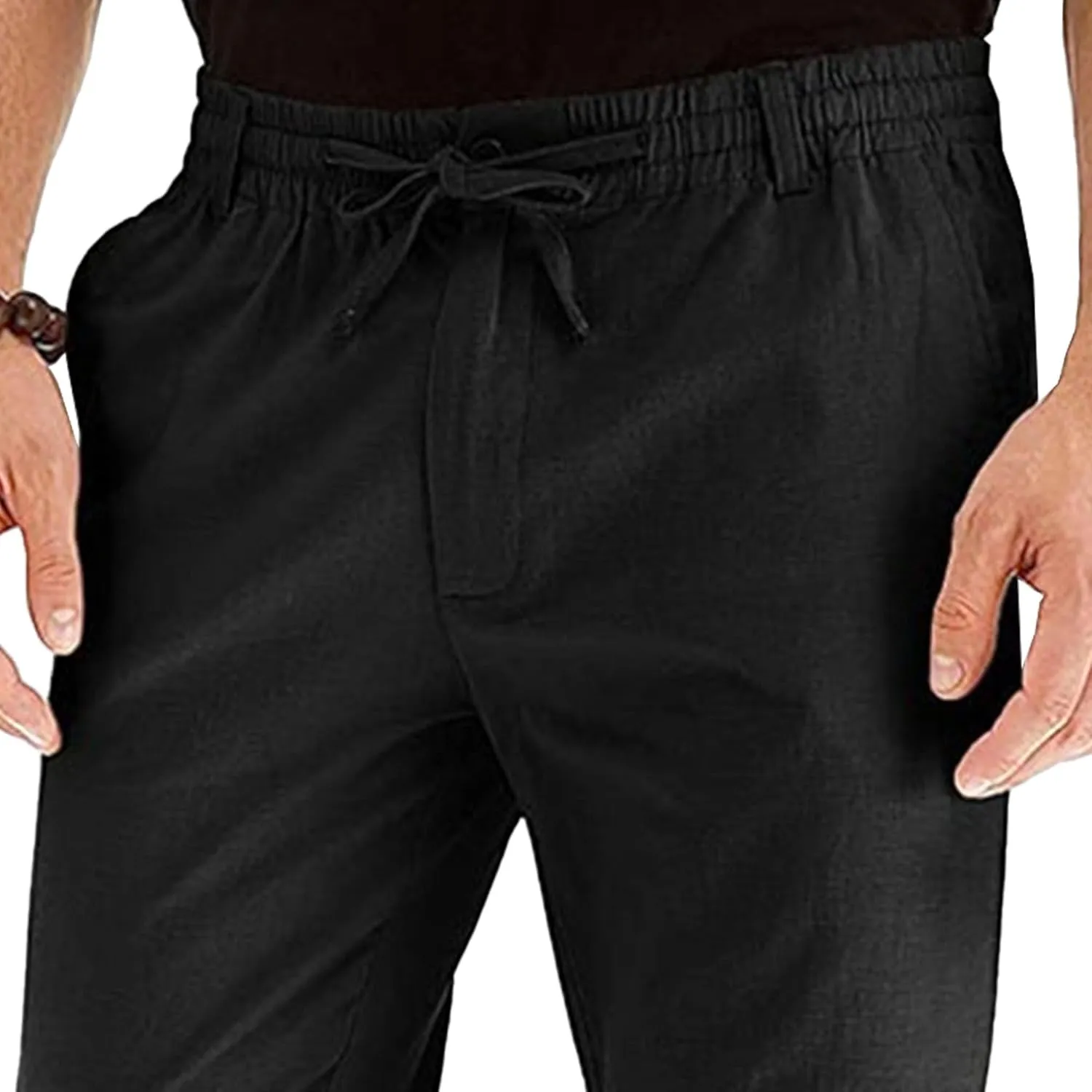 Men's Comfort Baggy Casual Pants Yoga Linen Straight Leg Hiking Pants Basic Solid Joggers Trousers