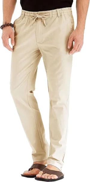 Men's Comfort Baggy Casual Pants Yoga Linen Straight Leg Hiking Pants Basic Solid Joggers Trousers