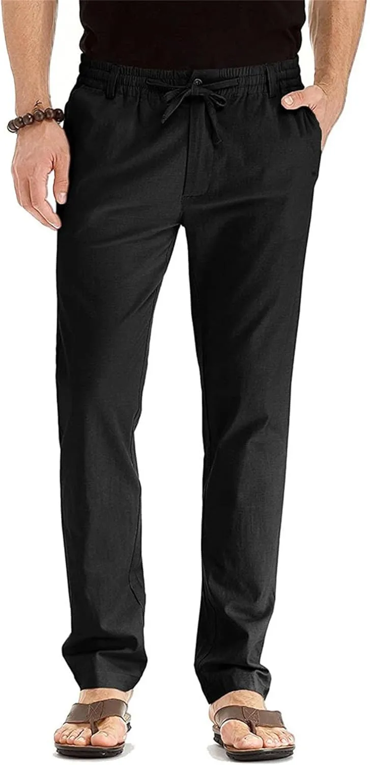 Men's Comfort Baggy Casual Pants Yoga Linen Straight Leg Hiking Pants Basic Solid Joggers Trousers