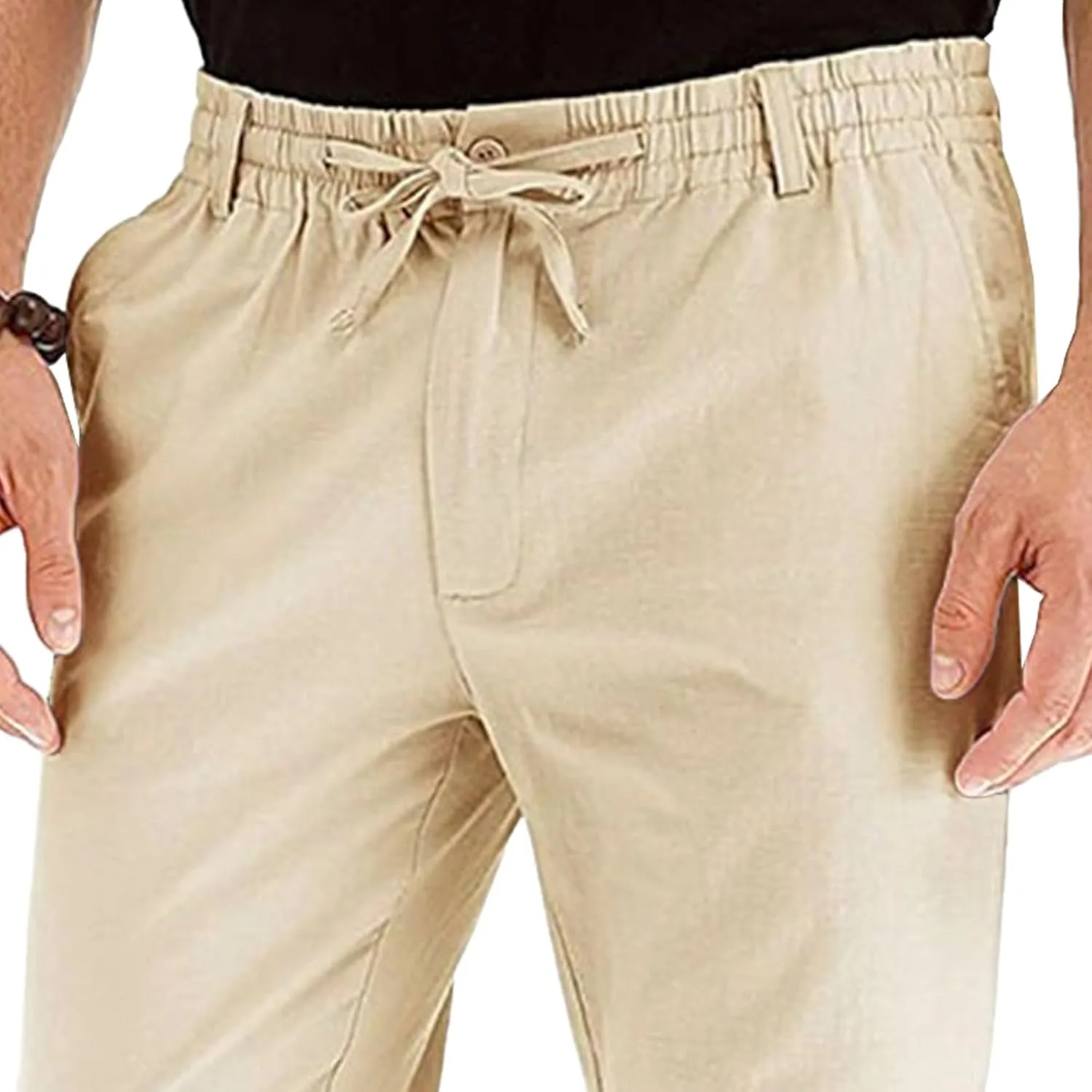 Men's Comfort Baggy Casual Pants Yoga Linen Straight Leg Hiking Pants Basic Solid Joggers Trousers