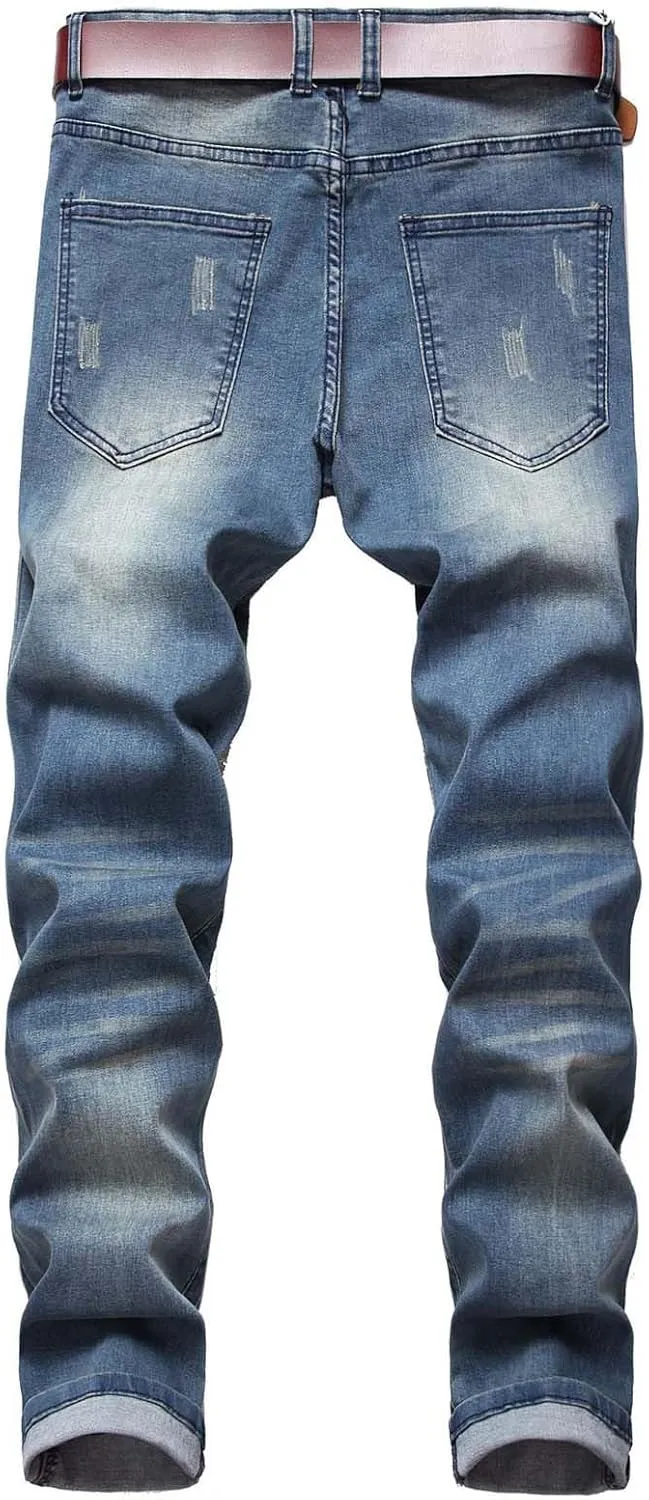 Men's Jean Ripped Slim Fit Straight Leg Denim Pants Stretch Skinny Distressed Comfort Fashion Biker Denim Pants Jeans