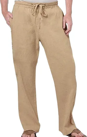 Men's Linen Lightweight Outdoor Solid Pants Baggy Casual Hiking Pants Comfort Sweatpants Yoga Trousers