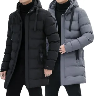 Mens Long Winter 2pc Coat Zip Up Quilted Padded Men Jackets Thicken Cotton Warm Hood Coats