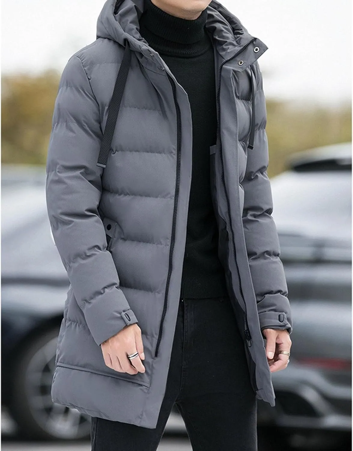 Mens Long Winter 2pc Coat Zip Up Quilted Padded Men Jackets Thicken Cotton Warm Hood Coats
