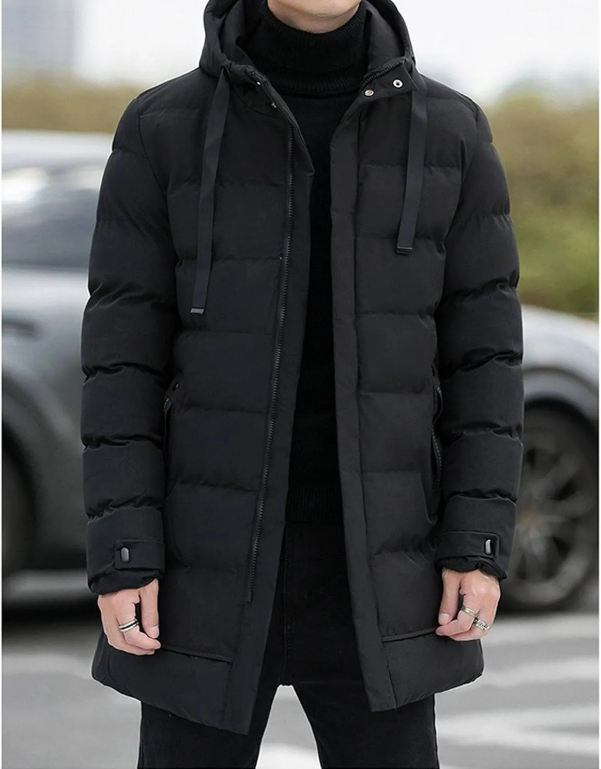 Mens Long Winter 2pc Coat Zip Up Quilted Padded Men Jackets Thicken Cotton Warm Hood Coats