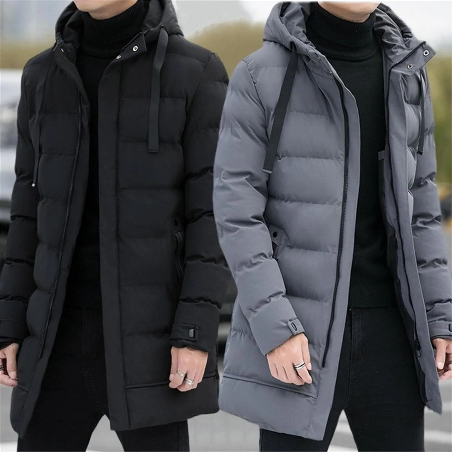 Mens Long Winter 2pc Coat Zip Up Quilted Padded Men Jackets Thicken Cotton Warm Hood Coats