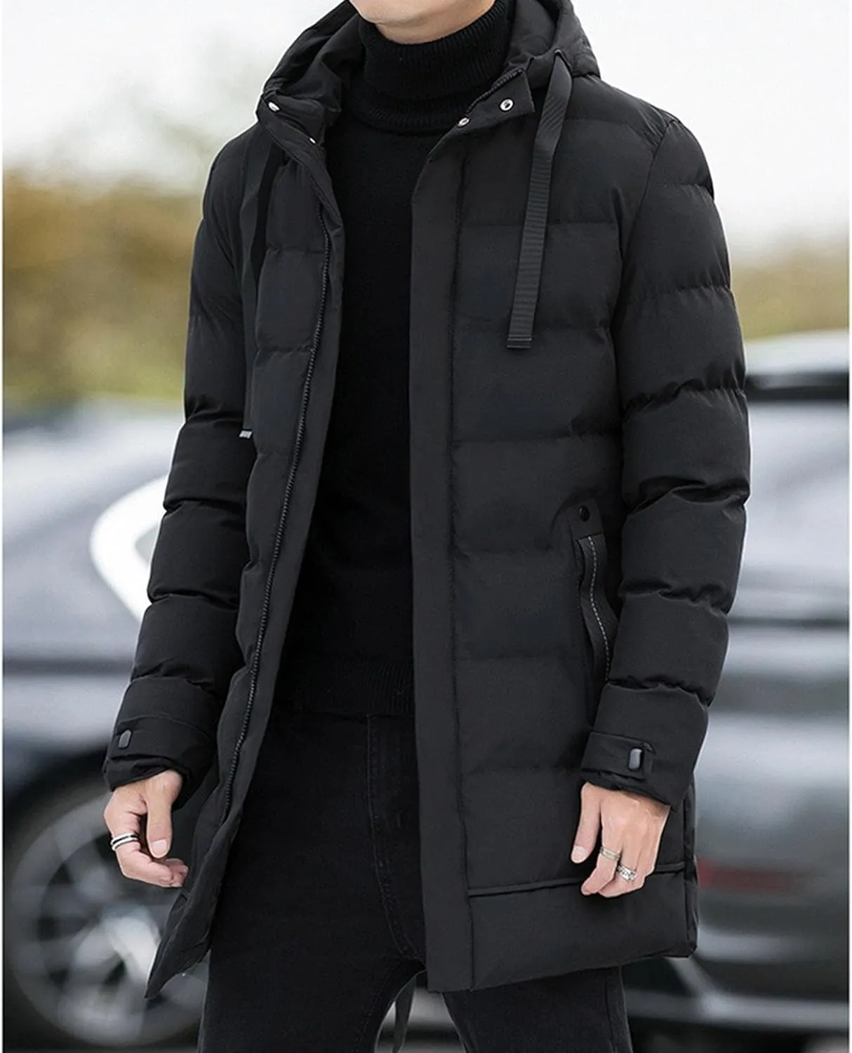 Mens Long Winter 2pc Coat Zip Up Quilted Padded Men Jackets Thicken Cotton Warm Hood Coats
