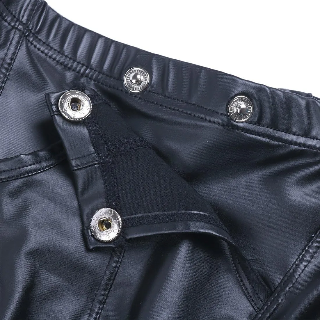 Men's Smooth Faux Leather Thong Underwear Buckled Bulge Pouch Bikini Briefs Boxer Shorts