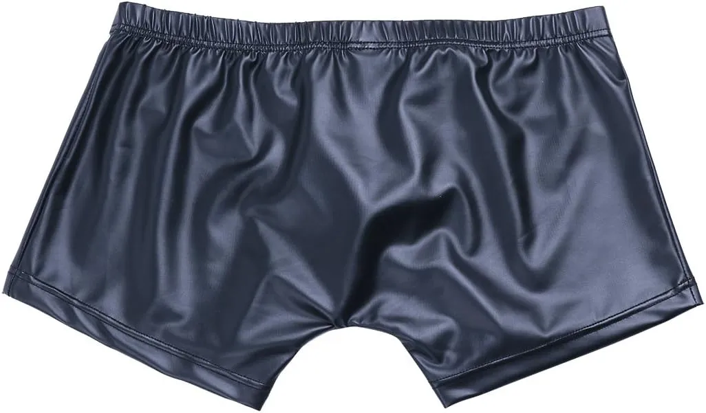 Men's Smooth Faux Leather Thong Underwear Buckled Bulge Pouch Bikini Briefs Boxer Shorts